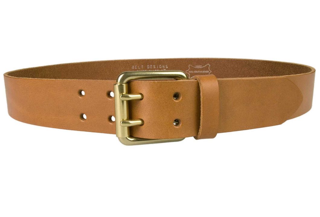 Light Tan Leather Jeans Belt With Solid Brass Buckle - BELT DESIGNS