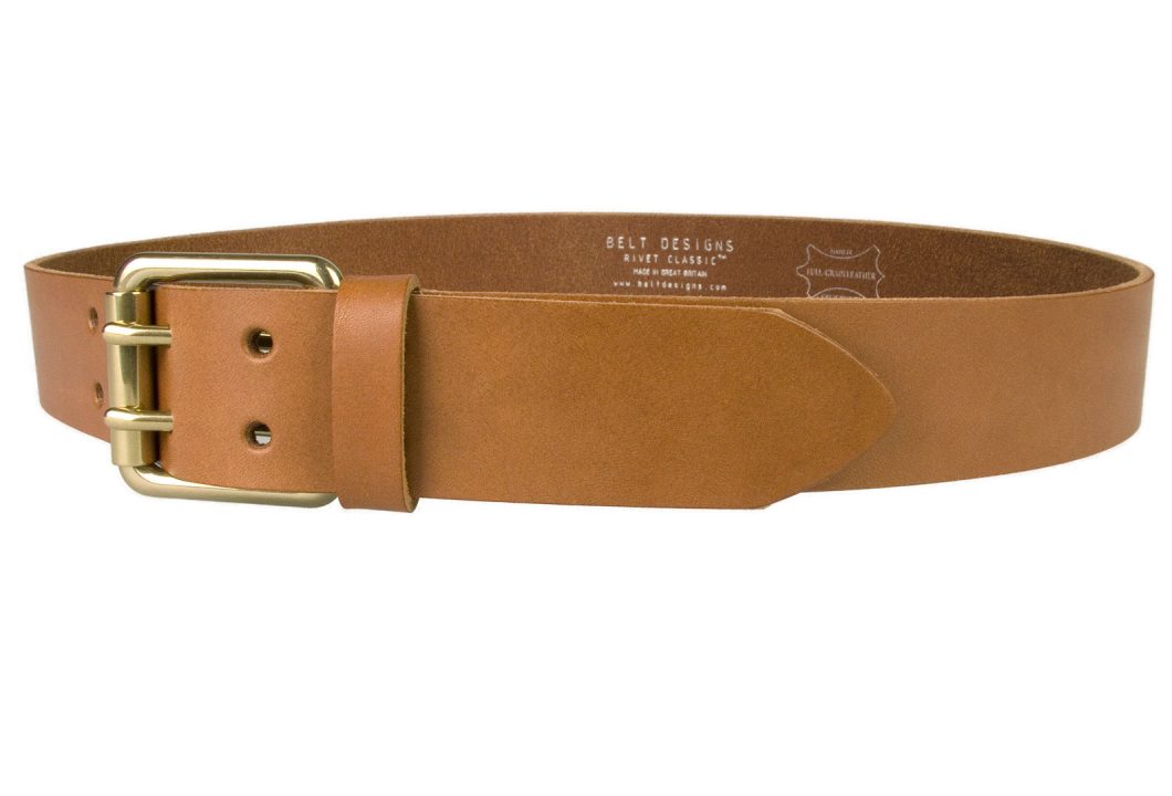 Light Tan Leather Jeans Belt With Solid Brass Buckle, 1.57 inch (4cm) Wide. Two Prong Roller Buckle. Italian Full Grain Leather. Leather Approx. 3.5 - 4mm thick. Made In UK by British Craftsmen. Can be used as Duty Belt / Tool Belt.