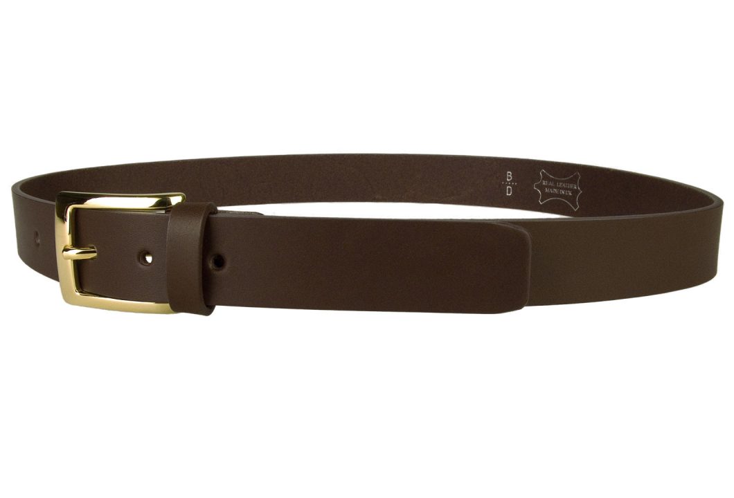 Mens Dark Brown Leather Belt With Gold Buckle