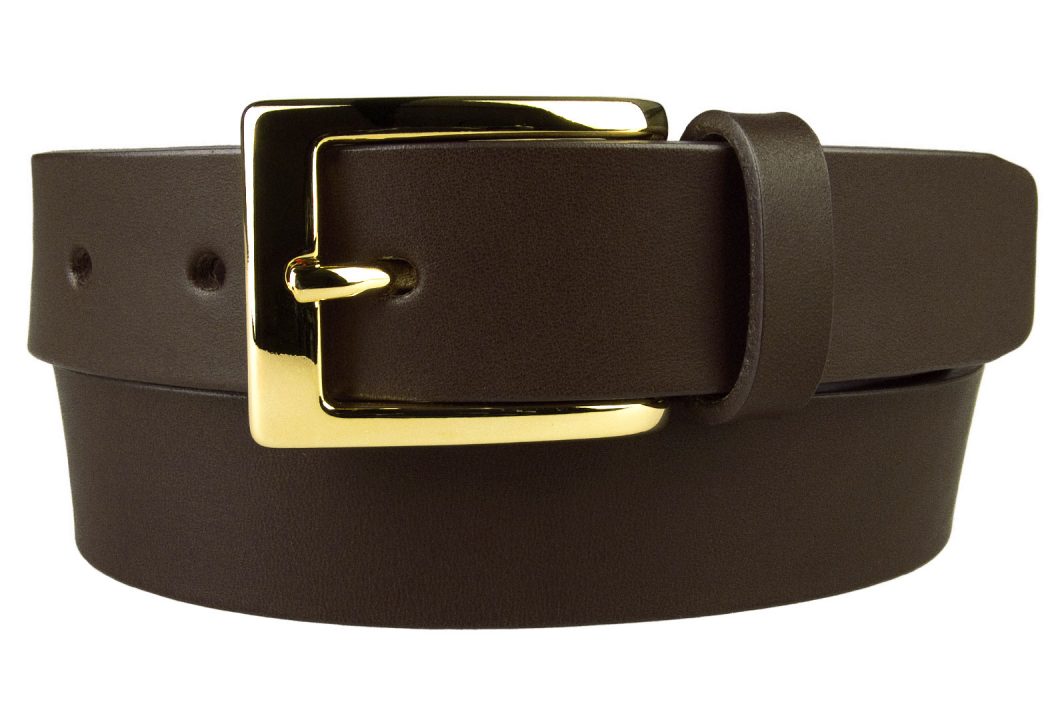 Mens Dark Brown Leather Belt With Gold Buckle