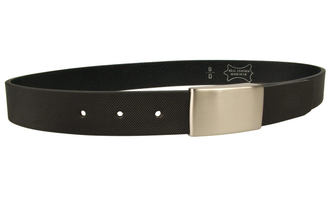 Smart Embossed Plaque Buckle Belt. Italian Hand Brushed Buckle with protective lacquer coating. Black Full Grain Italian Leather. Made In UK. 1 3/16" Wide.