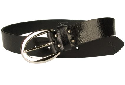 Womens Black Leather Jeans Belt. Italian full grain high shine black leather.. Italian Made Solid Brass Buckle With Shiny Nickel Plate (silver tone). Made In UK.