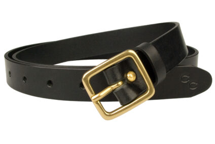 Womens Narrow Black Leather Belt Solid Brass Buckle Made In UK. Made By British Craftsmen with High Quality Full Grain Italian Leather and a Solid Brass Buckle. 1 inch wide (2.5cm) approx. Comes with the Champion Chase Double Horse Shoe Motif to add a nice finishing touch.