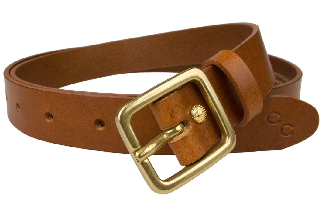 Womens Tan Leather Belt Solid Brass Buckle 1 Inch Wide