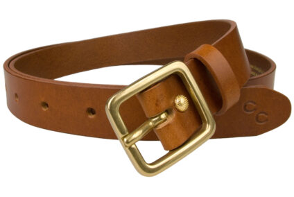 Womens Tan Leather Belt Solid Brass Buckle 1 Inch Wide