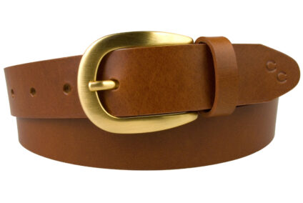 Womens Tan Leather Belt With Brushed Gold Buckle. Made In UK By Skilled British Craftsmen. Italian Full Grain leather and Italian Made Gold Plated Buckle.