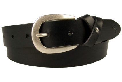 Womens Black Leather Belt – Stylized Bow Loop. 3cm wide Black belt with bow loop. Made In UK By Skilled British Craftsmen. Full grain Italian vegetable tanned leather and silver plated Italian made buckle.