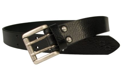 Womens Supple Glazed Black Leather Jeans Belt. Made In UK By Skilled British Craftsmen. Made With Italian Full Grain Vegetable Tanned Leather ad Italian Made Two Prong Roller Buckle. Old Silver Tone Buckle and Bright Ornate Domed Rivets. Finished with the Champion Chase Double Horse Shoe Motif to the tip of the Belt. A feminine leather belt ideal with jeans or smart casual trousers. 1 3/8 inch wide ( 35mm ). Leather approx 3.5 mm thick.