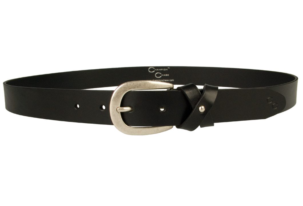 Womens Black Leather Belt – Stylized Bow Loop. 3cm wide Black belt with bow loop. Made In UK By Skilled British Craftsmen. Full grain Italian vegetable tanned leather and silver plated Italian made buckle.
