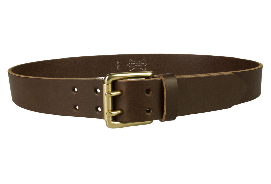 Mens high quality dark brown leather belt. Made in UK with Italian full grain leather and an Italian made solid brass double prong roller buckle. 4cm Approx 1.57 inch wide and approx. 3.5 - 4 mm thick leather.