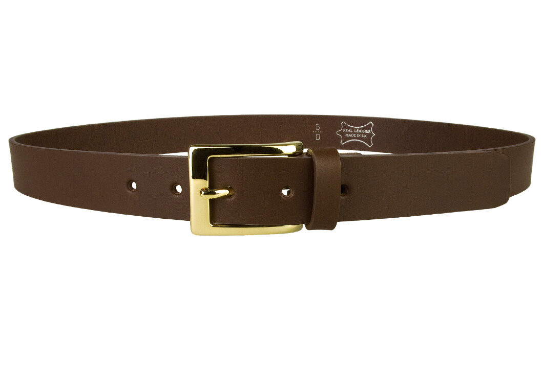 High Quality Brown Leather Belt. Made with top grade Italian vegetable tanned leather. Gold plated Italian made buckle. Made In UK by Belt Designs. 3cm Wide. Leather thickness - 3.5mm - 4mm.