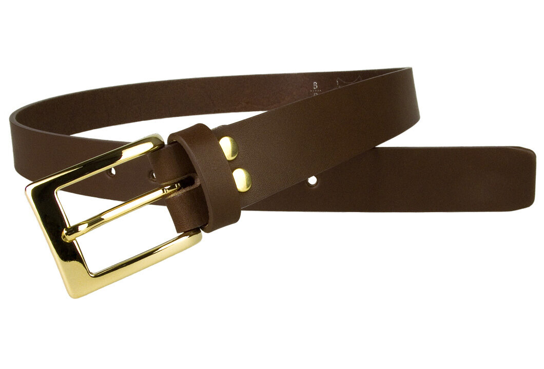 High Quality Brown Leather Belt. Made with top grade Italian vegetable tanned leather. Gold plated Italian made buckle. Made In UK by Belt Designs. 3cm Wide. Leather thickness - 3.5mm - 4mm.