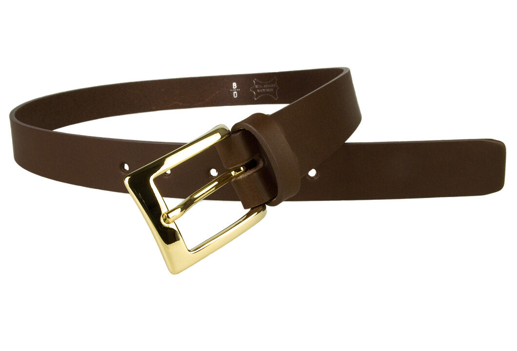 High Quality Brown Leather Belt. Made with top grade Italian vegetable tanned leather. Gold plated Italian made buckle. Made In UK by Belt Designs. 3cm Wide. Leather thickness - 3.5mm - 4mm.