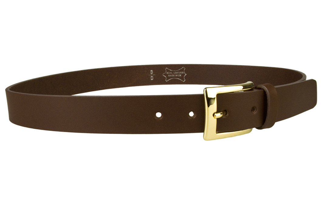 High Quality Brown Leather Belt. Made with top grade Italian vegetable tanned leather. Gold plated Italian made buckle. Made In UK by Belt Designs. 3cm Wide. Leather thickness - 3.5mm - 4mm.
