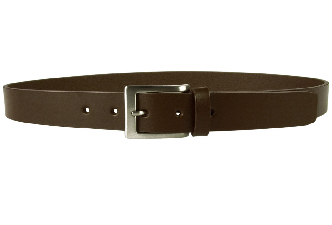 Mens Dark Brown Leather Belt Made in UK. Italian full grain leather and an Italian made hand brushed nickel plated buckle. 1.18 inches wide and approx. 3.5 - 4 mm thick leather.