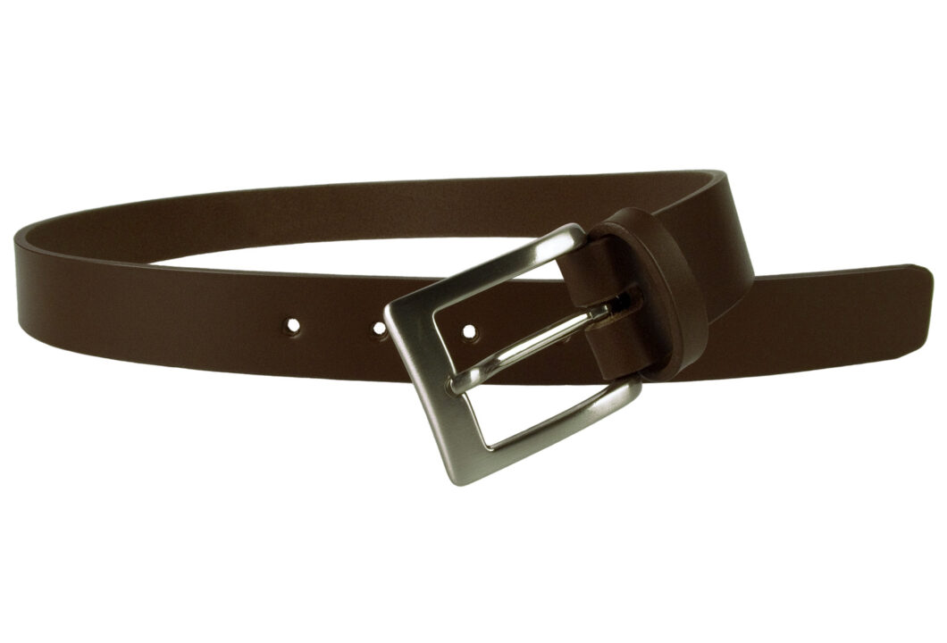 Mens Dark Brown Leather Belt Made in UK. Italian full grain leather and an Italian made hand brushed nickel plated buckle. 1.18 inches wide and approx. 3.5 - 4 mm thick leather.