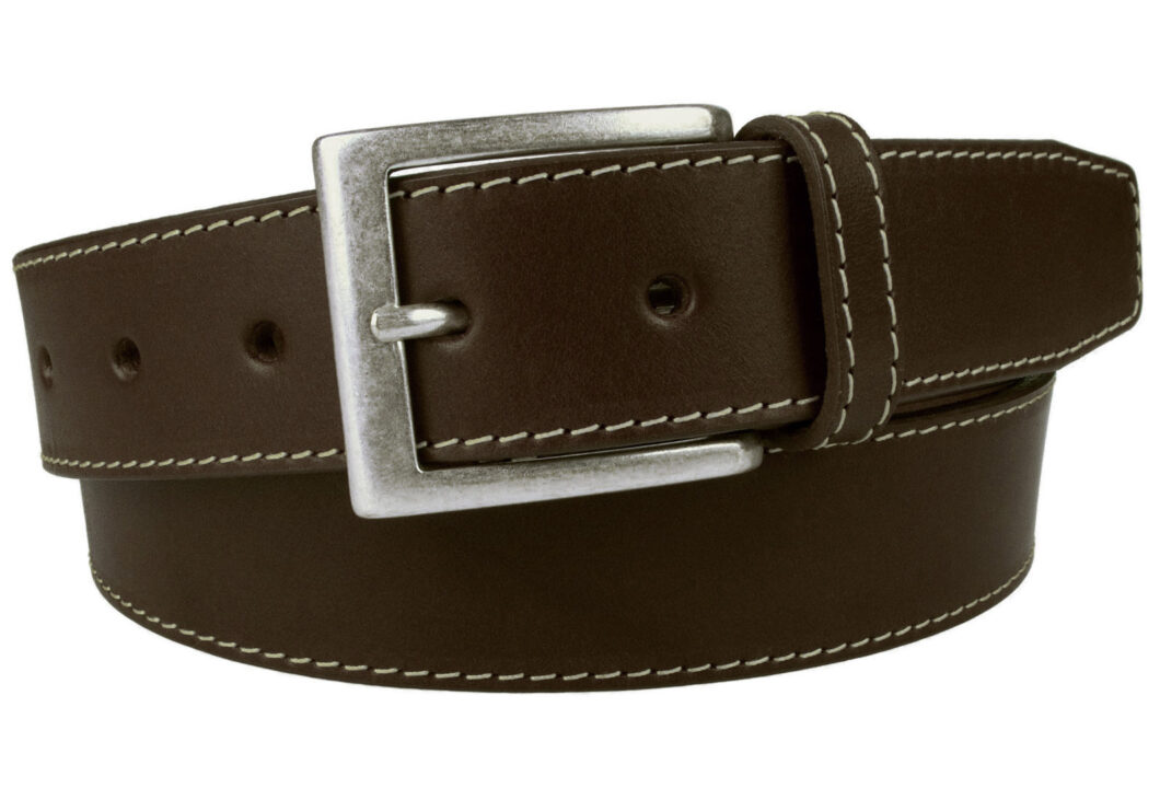 Brown Leather Belt Contrasting Stitched Edge With Silver Plated Buckle. Made In UK. 1 3/8 Inch (3.5cm) Wide. Full Grain Vegetable Tanned Leather. Italian Made Buckle. Ideal With Moleskins or Jeans.