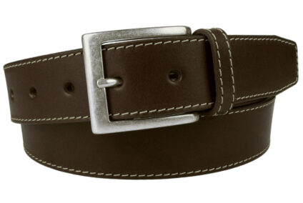 Brown Leather Belt Contrasting Stitched Edge With Silver Plated Buckle. Made In UK. 1 3/8 Inch (3.5cm) Wide. Full Grain Vegetable Tanned Leather. Italian Made Buckle. Ideal With Moleskins or Jeans.