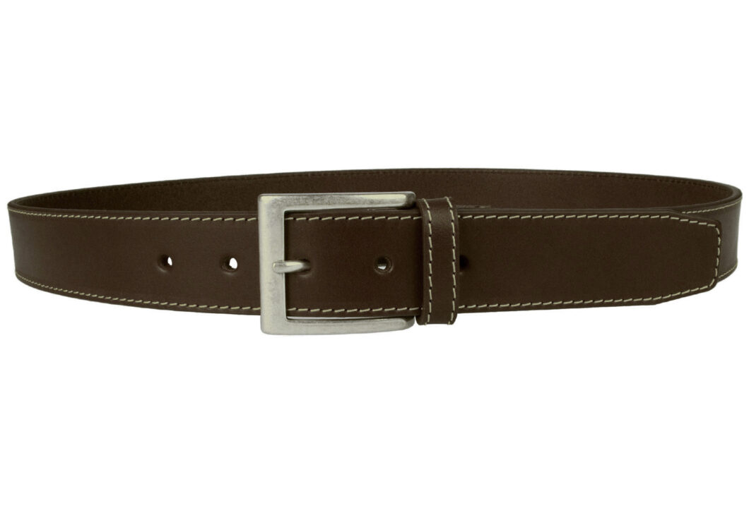 Brown Leather Belt Contrasting Stitched Edge With Silver Plated Buckle. Made In UK. 1 3/8 Inch (3.5cm) Wide. Full Grain Vegetable Tanned Leather. Italian Made Buckle. Ideal With Moleskins or Jeans.