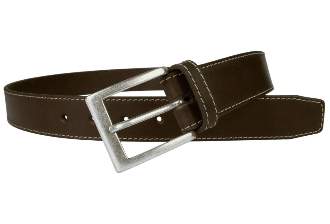 Brown Leather Belt Contrasting Stitched Edge With Silver Plated Buckle. Made In UK. 1 3/8 Inch (3.5cm) Wide. Full Grain Vegetable Tanned Leather. Italian Made Buckle. Ideal With Moleskins or Jeans.