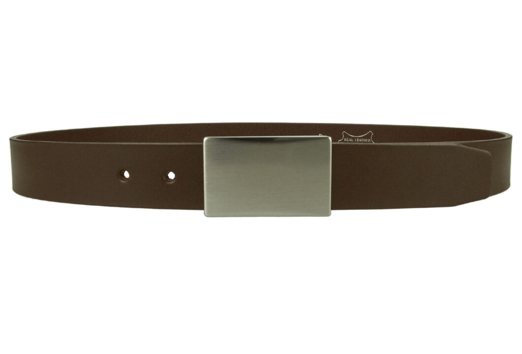 Plaque Belt Brown Leather Made In UK. Italian Full Grain Vegetable Tanned Leather. Hand Brushed Nickel Plated and Lacquered Plate Buckle. Five Adjustment Holes. Free Sliding Belt Loop. 1 3/8 INCH Wide. Leather thickness 3.5 - 4mm.