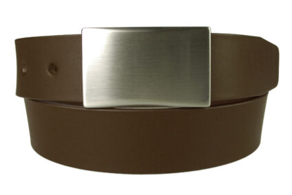 Plaque Belt Brown Leather Made In UK. Italian Full Grain Vegetable Tanned Leather. Hand Brushed Nickel Plated and Lacquered Plate Buckle. Five Adjustment Holes. Free Sliding Belt Loop. 1 3/8 INCH Wide. Leather thickness 3.5 - 4mm.