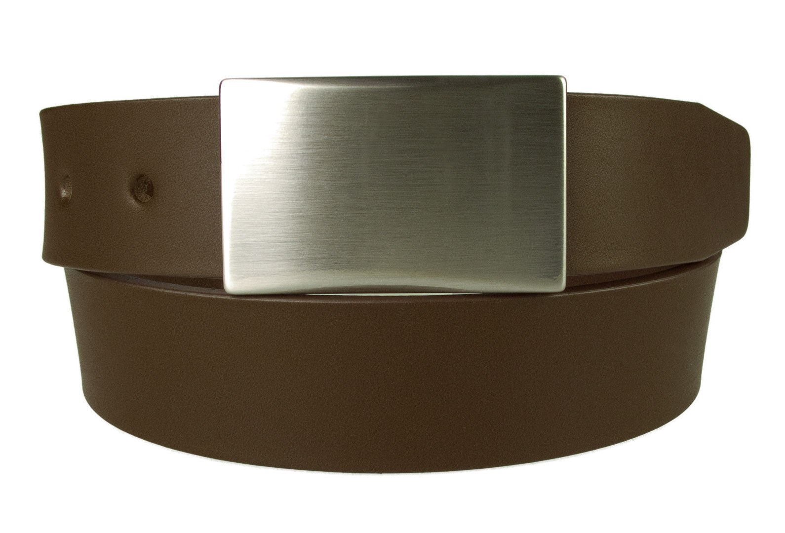 Plaque Belt Brown Leather Made In UK. Italian Full Grain Vegetable Tanned Leather. Hand Brushed Nickel Plated and Lacquered Plate Buckle. Five Adjustment Holes. Free Sliding Belt Loop. 1 3/8 INCH Wide. Leather thickness 3.5 - 4mm.