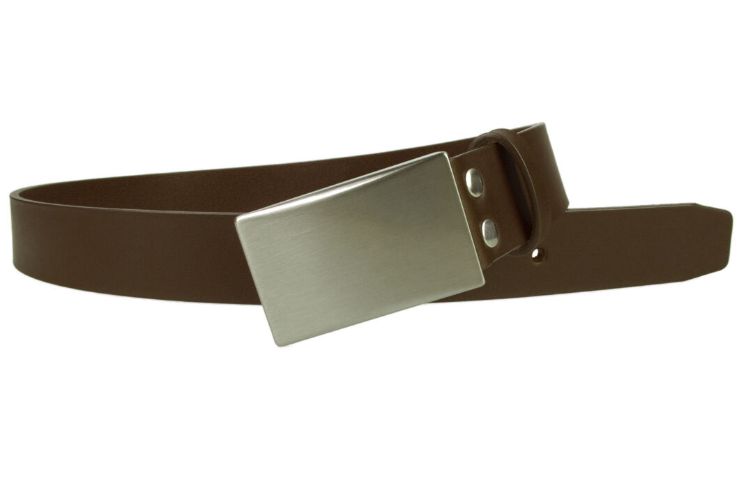 Plaque Belt Brown Leather Made In UK. Italian Full Grain Vegetable Tanned Leather. Hand Brushed Nickel Plated and Lacquered Plate Buckle. Five Adjustment Holes. Free Sliding Belt Loop. 1 3/8 INCH Wide. Leather thickness 3.5 - 4mm.